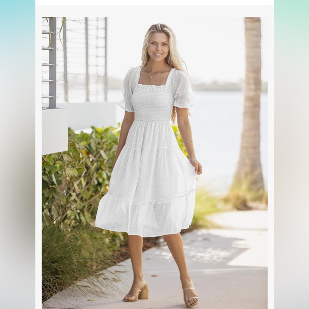 🔥 NWT MEROKEETY white Boho, Swiss dot below knee puff sleeve dress size L